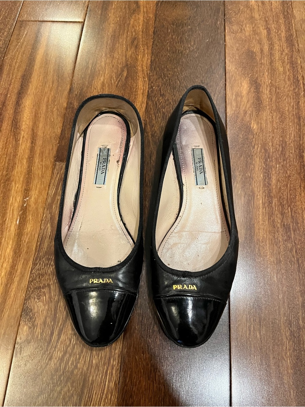 Prada Black Leather & Patent Cap-Toe Ballet Flats